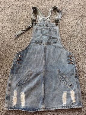 Distressed Denim Overall Dress - Light Blue